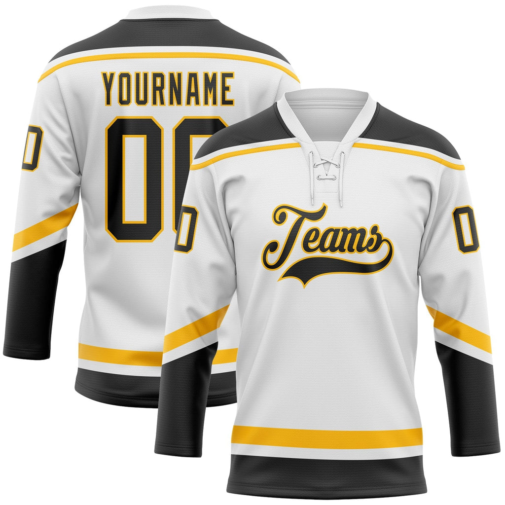 Custom Hockey Jersey - White Black-Gold Lace Neck product image 1
