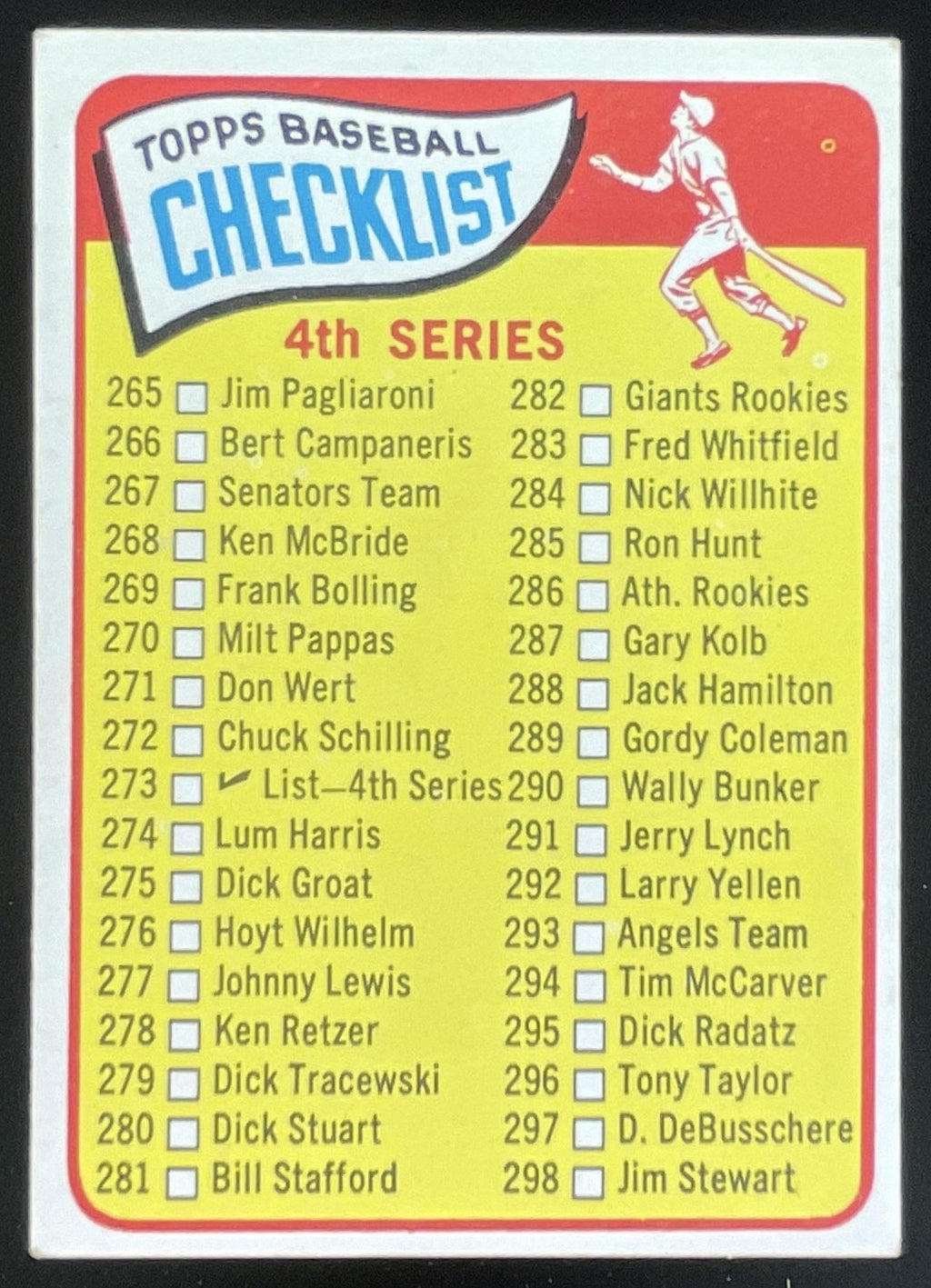 1965 Topps #273 4th Series Checklist: 265-352 product image 1, provided for visual reference and product detail review