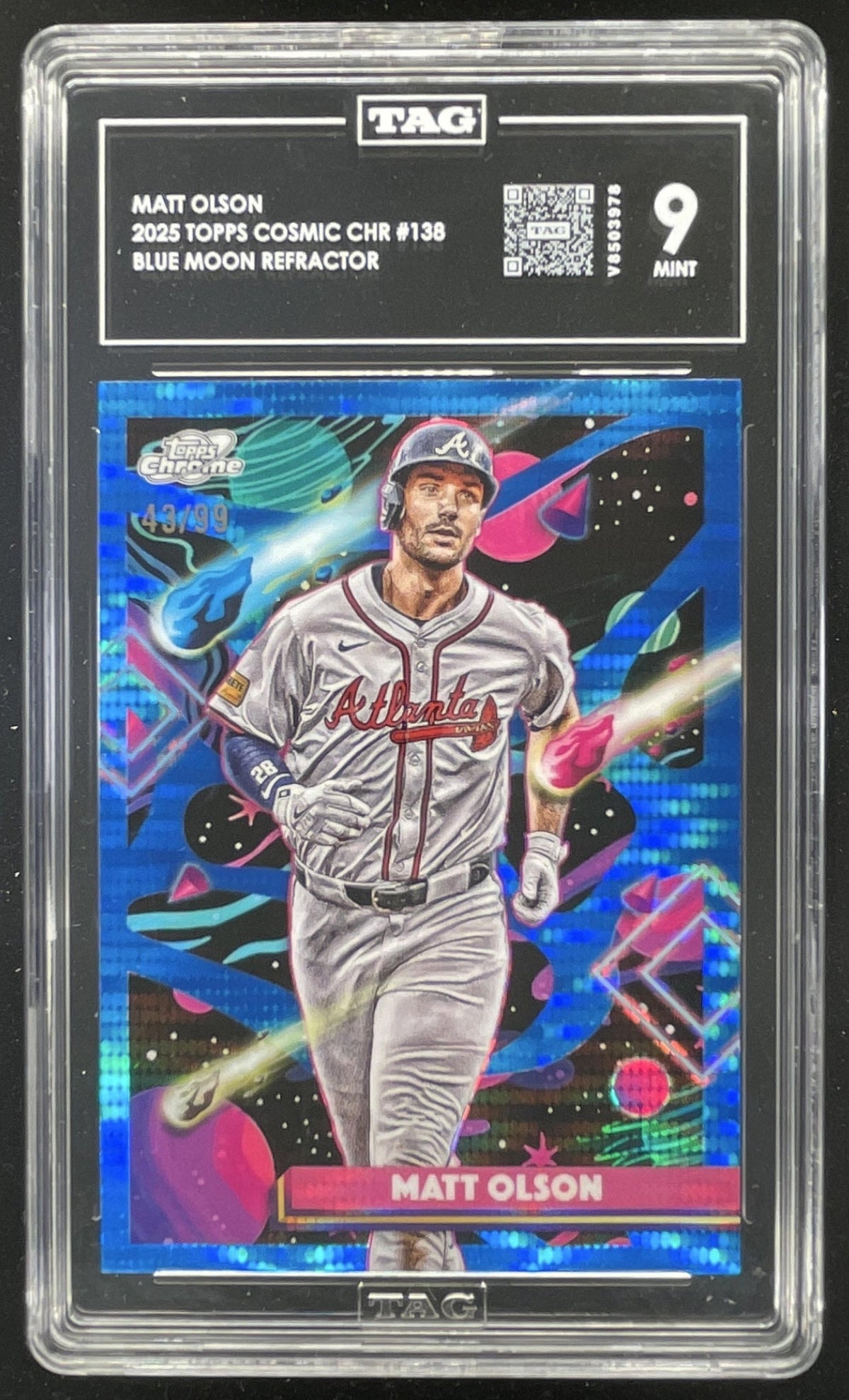 2025 Topps Cosmic Chrome Blue Moon Refractor #138 Matt Olson /99 TAG 9 product image 1, provided for visual reference and