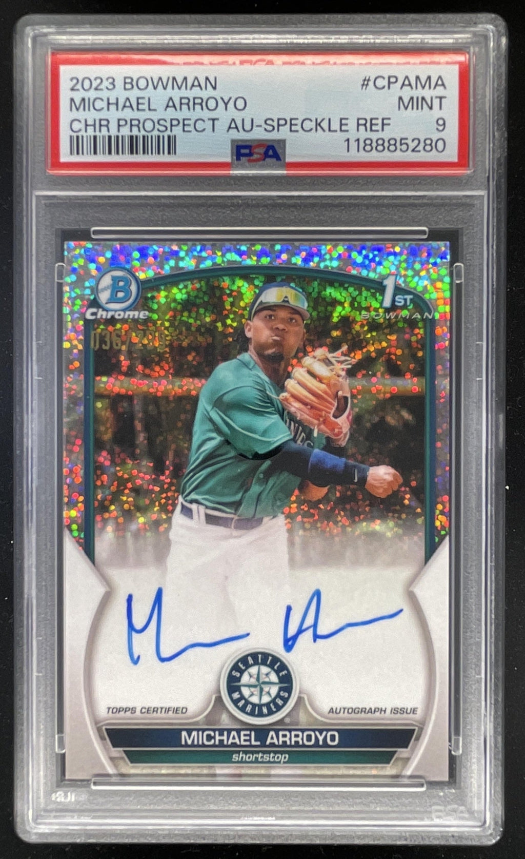 2023 Bowman Chrome Prospect Speckle #CPA-MA Michael Arroyo RC Auto /299 PSA 9 product image 1, provided for visual reference