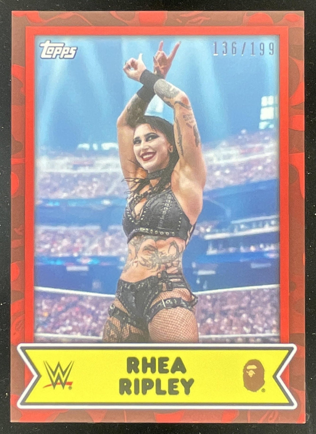 2025 Topps WWE x Bape Red Camo #13 Rhea Ripley /199 product image 1, provided for visual reference and product detail review
