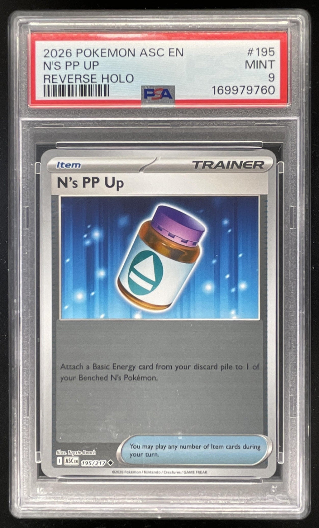 2026 Pokemon Ascended Heroes Reverse Holo #195/217 N's PP Up Uncommon PSA 9 product image 1, provided for visual reference