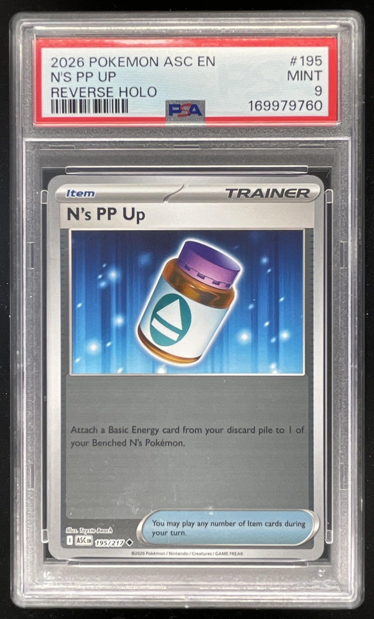 2026 Pokemon Ascended Heroes Reverse Holo #195/217 N's PP Up Uncommon PSA 9 product image 1, provided for visual reference