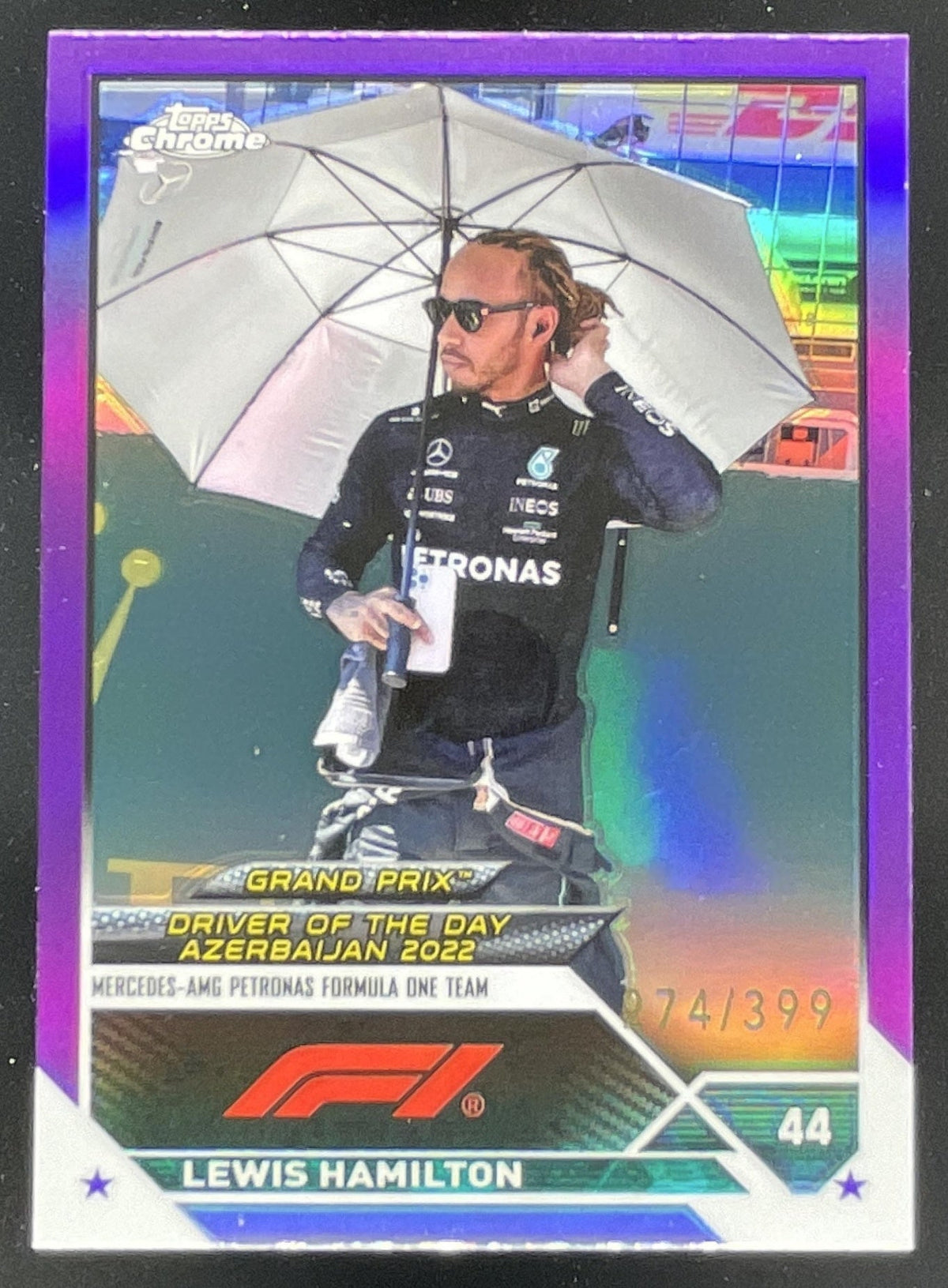 2023 Topps Chrome Formula 1 Purple #173 Lewis Hamilton Driver of the Day /399 product image 1, provided for visual reference