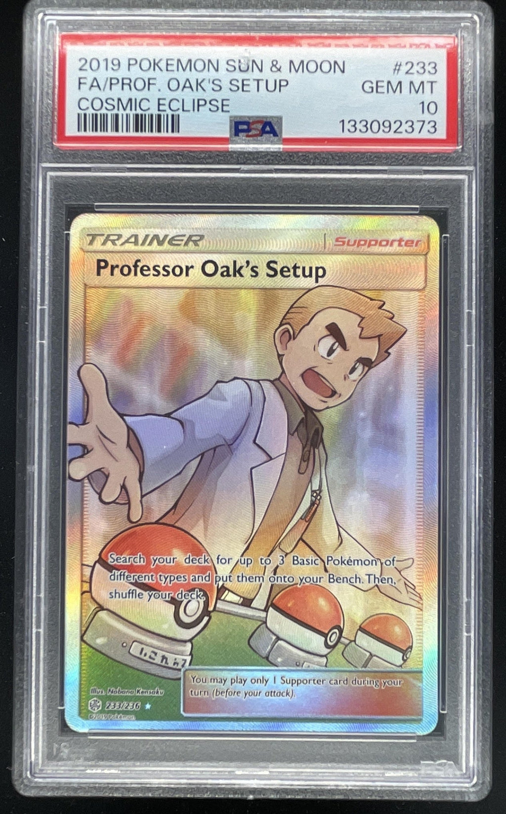 2019 Pokemon Sun & Moon Cosmic Eclipse #233/236 Professor Oak's Setup PSA 10 product image 1, provided for visual reference