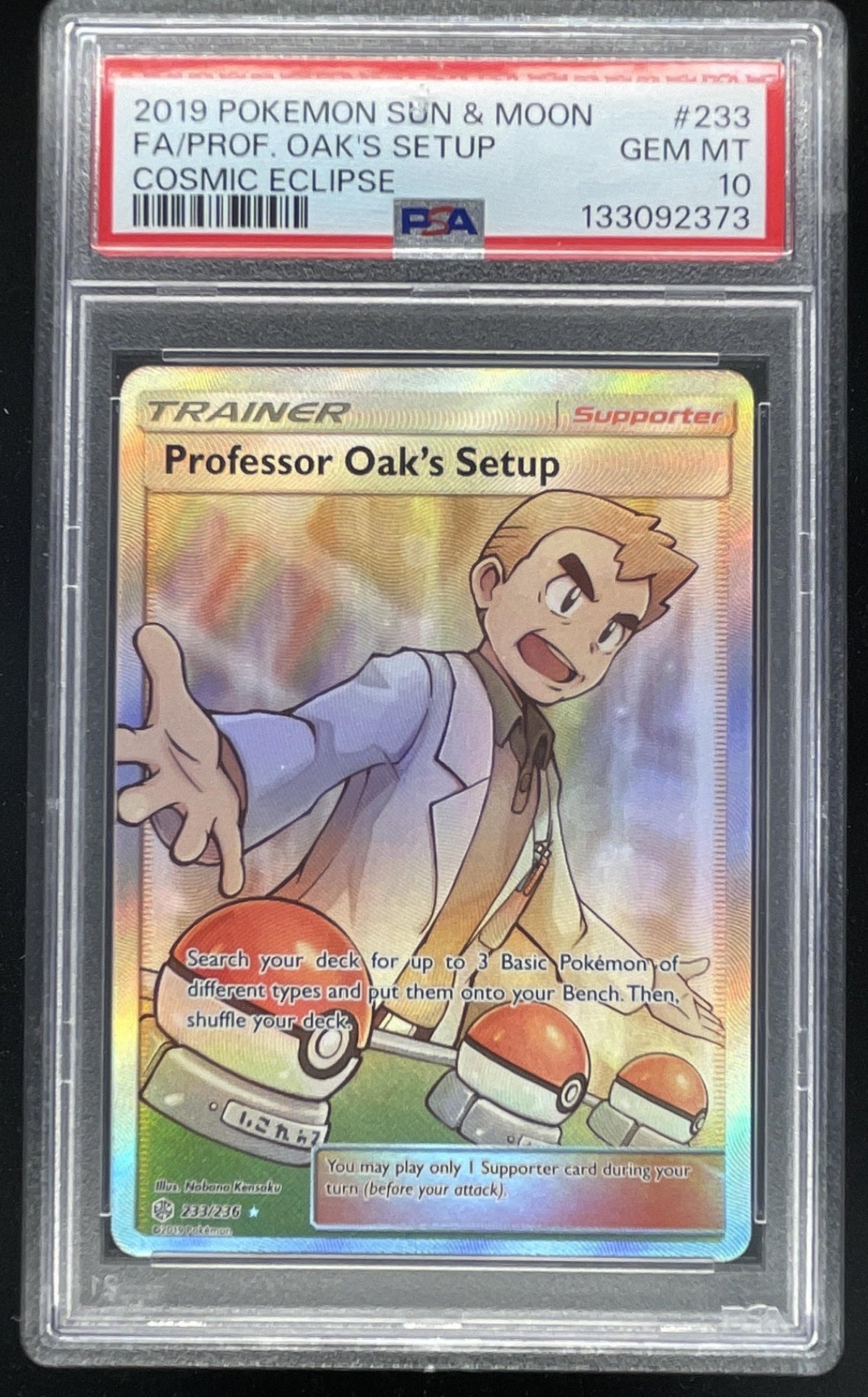 2019 Pokemon Sun & Moon Cosmic Eclipse #233/236 Professor Oak's Setup PSA 10 product image 1, provided for visual reference