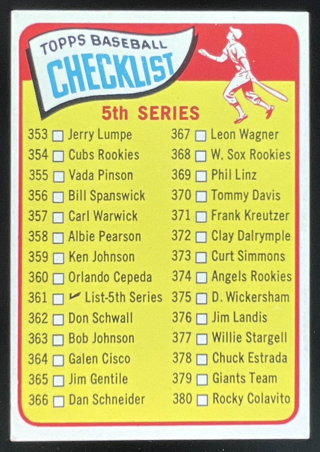 1965 Topps #361 5th Series Checklist: 353-429 product image 1, provided for visual reference and product detail review