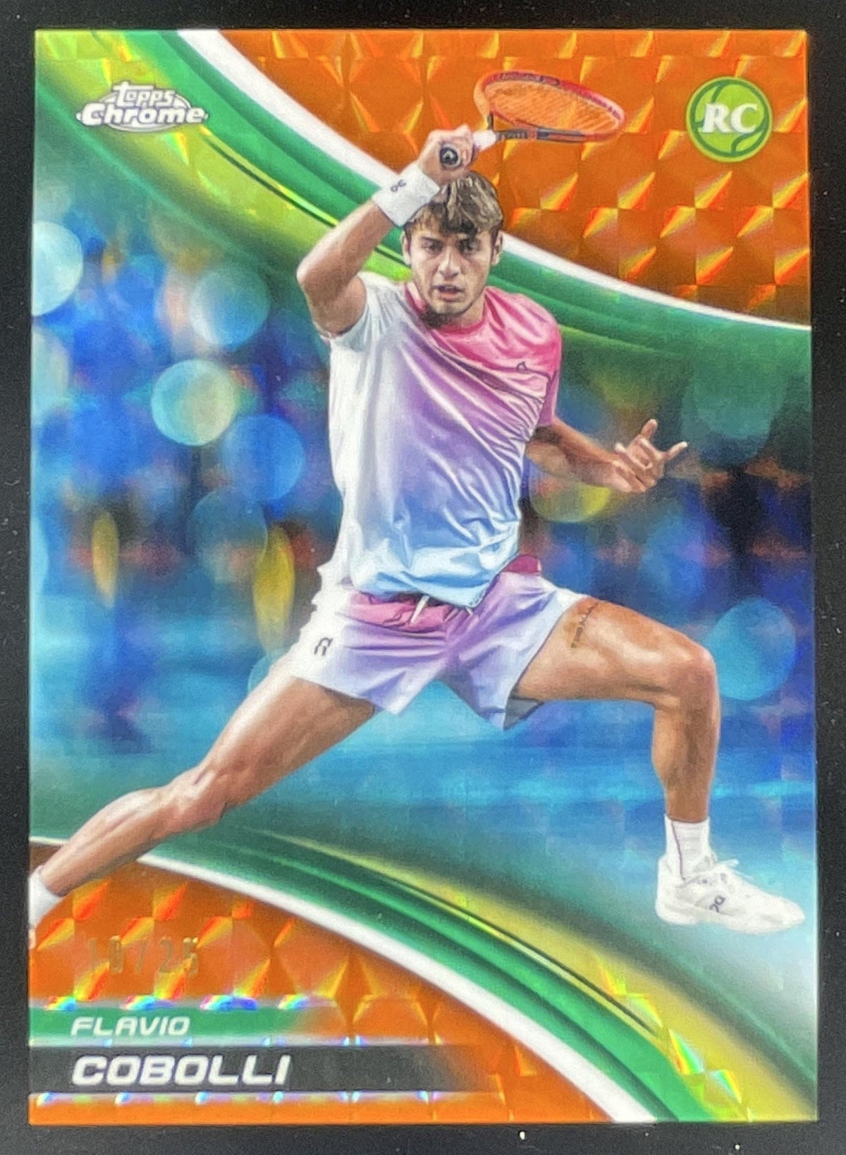 2025 Topps Chrome Orange Geometric Refractor #48 Flavio Cobolli RC /25 product image 1, provided for visual reference and