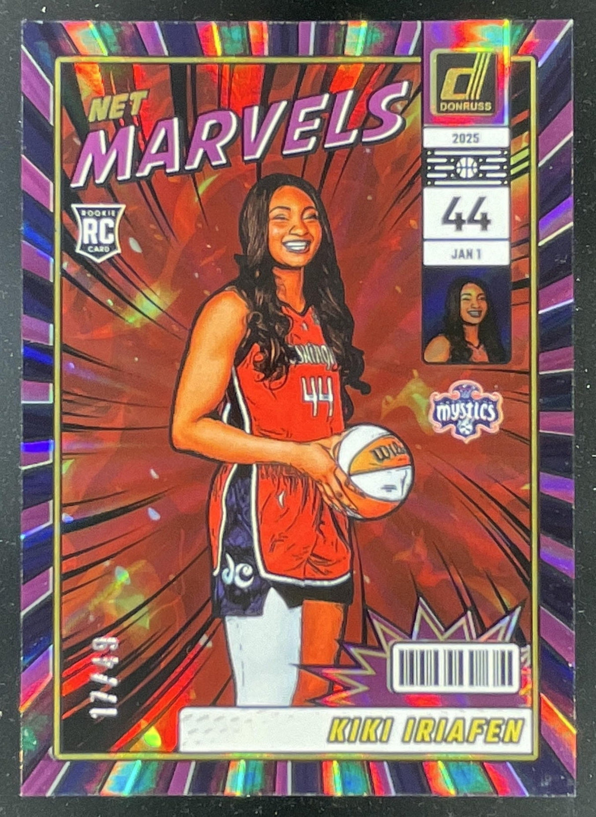 2025 Panini Donruss WNBA Net Marvels Purple Laser #16 Kiki Iriafen RC /49 product image 1, provided for visual reference and