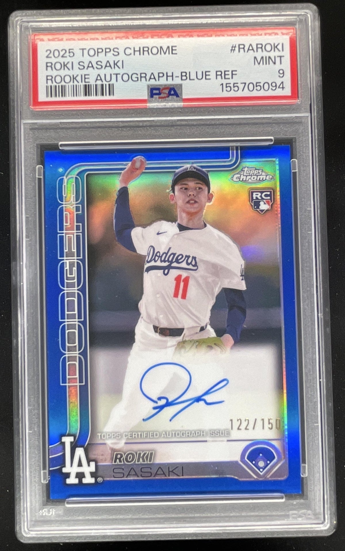 2025 Topps Chrome Rookie Blue #RA-ROKI Roki Sasaki RC Auto /150 PSA 9 product image 1, provided for visual reference and
