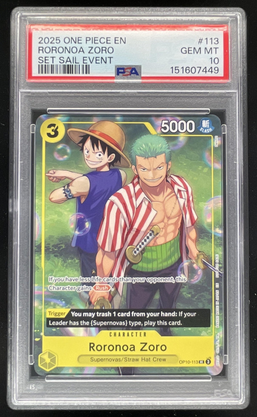 2025 One Piece Royal Blood OP10 Uncommon #OP10-113 Roronoa Zoro PSA 10 product image 1, provided for visual reference and