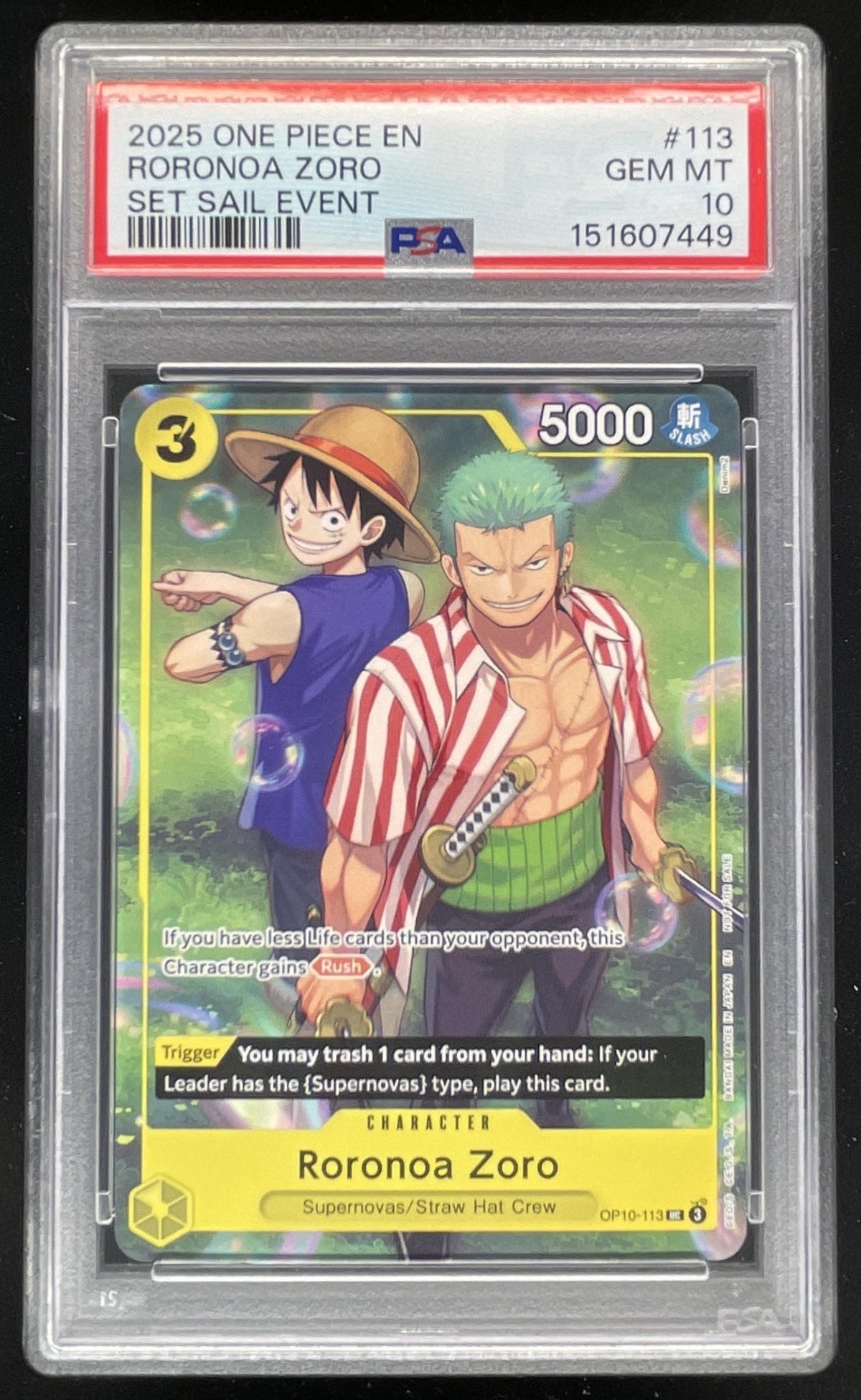 2025 One Piece Royal Blood OP10 Uncommon #OP10-113 Roronoa Zoro PSA 10 product image 1, provided for visual reference and