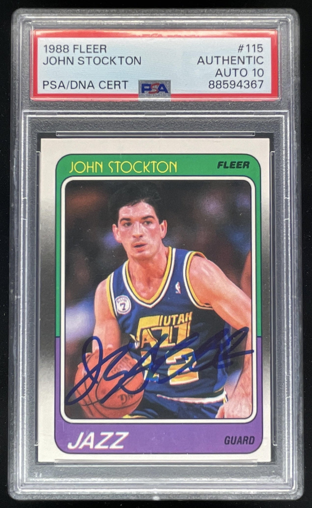 1988-89 Fleer #115 John Stockton RC Certified Authentic Auto PSA 10 product image 1, provided for visual reference and